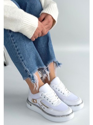 Zerenyus ZRNE-003 Premium Beyaz Bağcıklı File Detaylı Kadın Sneaker