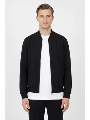 Sabri Özel Giotelli Siyah Bomber Stil Armürlü Slim Fit Triko Yaka Fermuarlı 6 Drop Erkek Takım Elbise