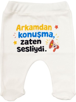 by BebekOdam Unisex Ekru Arkamdan Konuşma Zaten Sesliydi Baskılı Patikli Tek Alt - 1016487