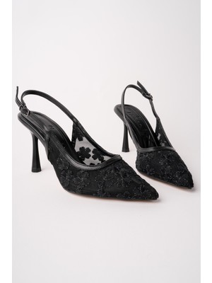 Muggo Aris Dantel Detaylı Sivri Burun Arkası Açık Ince Topuklu Kadın Abiye Ayakkabı