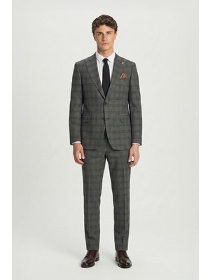 Sabri Özel Giotelli Erkek Antrasit Standart Fit Kareli Mono Yaka 6 Drop Dokuma Standart Boy Fleto Cep Klasik Paça Takım Elbise