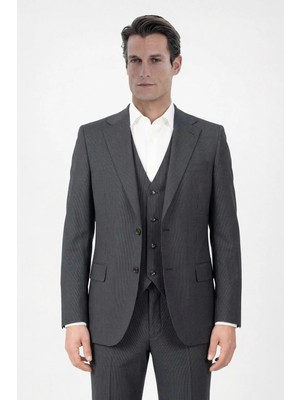 Sabri Özel Giotelli Erkek Siyah Slim Fit Çizgili Mono Yaka Yelekli 6 Drop Takım Elbise