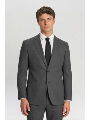 Sabri Özel Erkek Gri Dar Kesim Slim Fit Viskon Çizgili Mono Yaka 6 Drop Takım Elbise