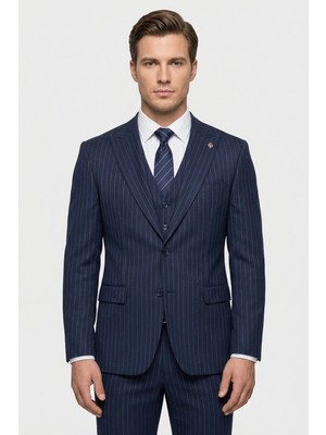 Giotelli Lacivert Yelekli 8 Drop Polyester Viskon Karışımlı Erkek Takım Elbise