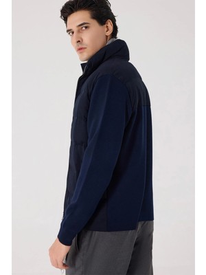 Sabri Özel Lacivert Regular Fit Dik Yaka Yün Karışımlı Triko Mont