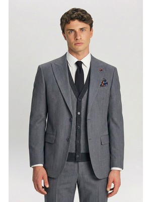 Sabri Özel Giotelli Gri Triko Yelekli 6 Drop Polyester Viskon Karışımlı Erkek Takım Elbise