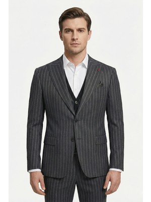 Sabri Özel Giotelli Antrasit Triko Yelekli 6 Drop Polyester Viskon Karışımlı Erkek Takım Elbise