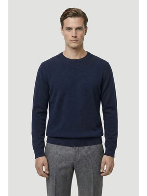 Sabri Özel Lacivert Standart Fit Yün Karışımlı Bisiklet Yaka Düz Erkek Triko Kazak