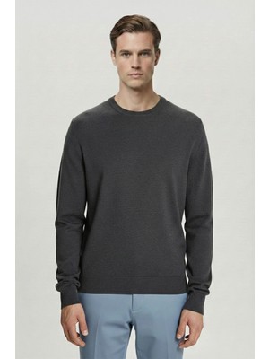 Sabri Özel Gri Standart Fit Yün Karışımlı Bisiklet Yaka Triko Erkek Kazak