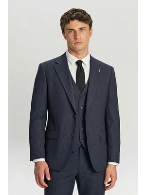 Sabri Özel Giotelli Lacivert Slim Fit Çizgili Mono Yaka Yelekli 6 Drop Erkek Takım Elbise