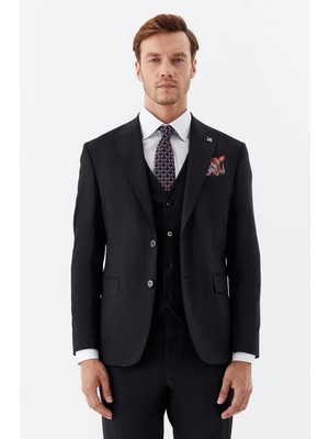 Sabri Özel Erkek Siyah Slim Fit Yün Karışımlı Mono Yaka Yelekli 6 Drop Takım Elbise