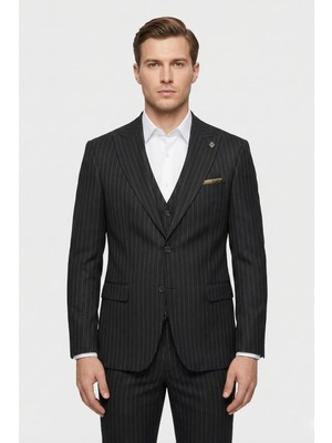 Giotelli Siyah Yelekli 8 Drop Polyester Viskon Karışımlı Erkek Takım Elbise