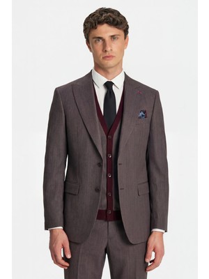 Sabri Özel Giotelli Erkek Bordo Dar Kesim Slim Fit Viskon Dokuma Normal Bel 6 Drop Triko Yelekli Takım Elbise