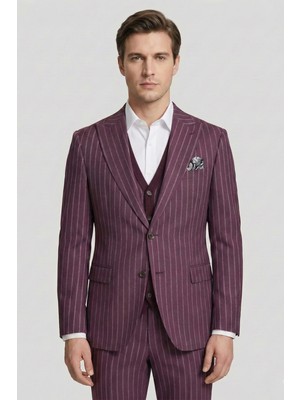 Sabri Özel Giotelli Bordo Triko Yelekli 6 Drop Polyester Viskon Karışımlı Erkek Takım Elbise