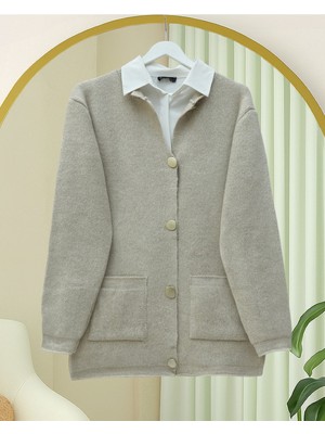 Modamorfo Önü Düğmeli Çift Cepli Yumoş Triko Hırka -Taş