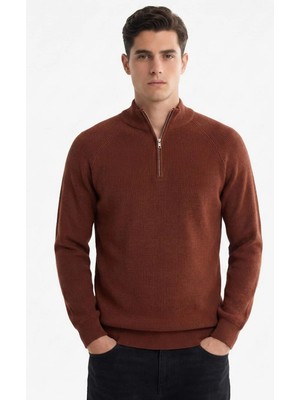 Sabri Özel Kiremit Slim Fit Dokulu Fermuarlı Yarım Balıkçı Yaka Erkek Triko Kazak