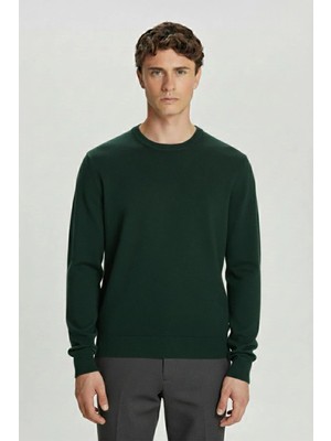 Sabri Özel Haki Standart Fit Yün Karışımlı Bisiklet Yaka Düz Erkek Triko Kazak