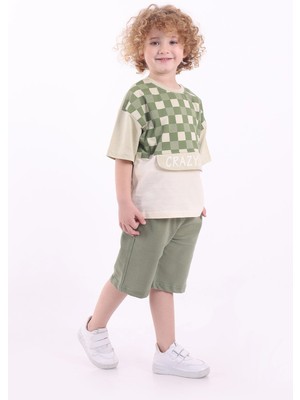 Mixima Kare Baskılı Kanguru Kapaklı 3-6 Yaş Oversize Erkek Çocuk Şortlu Yazlık Takım