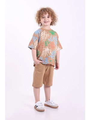 Mixima Palmiye Baskılı 3-6 Yaş Oversize Erkek Çocuk Şortlu Yazlık Takım
