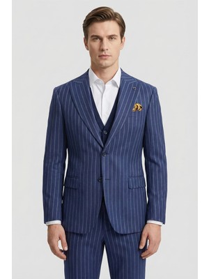 Sabri Özel Giotelli Lacivert Triko Yelekli 6 Drop Polyester Viskon Karışımlı Erkek Takım Elbise