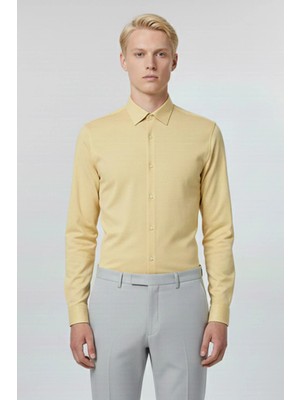 Sabri Özel Giotelli Sarı Slim Fit %100 Pamuk Çizgili Düğmeli Yaka Erkek Gömlek