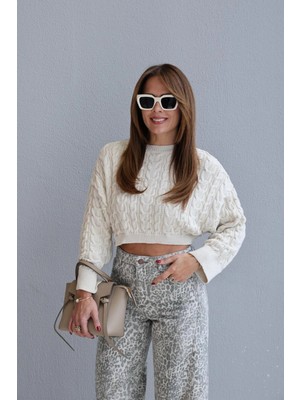 Purple By Banu Ekru Örgü Desen Crop Triko