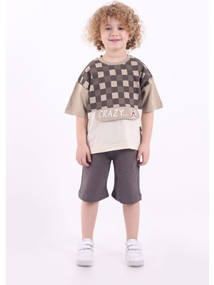 Mixima Kare Baskılı Kanguru Kapaklı 3-6 Yaş Oversize Erkek Çocuk Şortlu Yazlık Takım