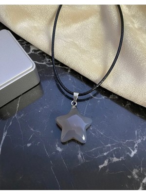 Meneva Aksesuar Akik Doğal Taş Yıldız Kesim Deri Ipli Kolye