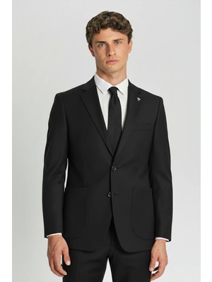 Sabri Özel Siyah Slim Fit Çizgili Mono Yaka 6 Drop Erkek Takım Elbise