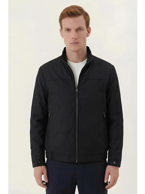 Sabri Özel Siyah Comfort Fit Dik Yaka Fermuarlı Erkek Mont