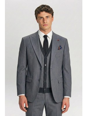 Sabri Özel Giotelli Gri Triko Yelekli 6 Drop Polyester Viskon Karışımlı Erkek Takım Elbise