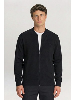 Sabri Özel Siyah Regular Fit Yün Karışımlı Pilot Yaka Triko Mont