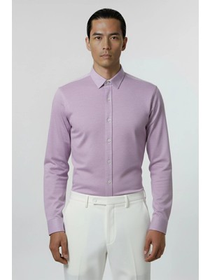 Sabri Özel Giotelli Lila Slim Fit %100 Pamuk Çizgili Düğmeli Yaka Erkek Gömlek