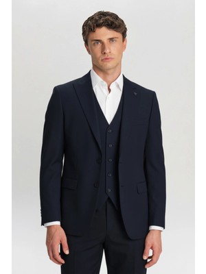 Sabri Özel Giotelli Lacivert Slim Fit Sivri Yaka Yelekli Takım Elbise