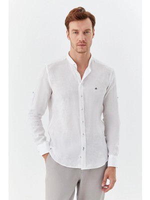 Sabri Özel Beyaz Hakim Yaka Regular Fit Keten Erkek Gömlek