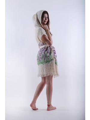 Reina Teks Kapüşonlu Yelek Pamuklu Lavanta Desen Kuşaklı 1 Adet Unisex Müslin Kumaş Çok Amaçlı Bornoz