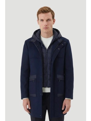 Sabri Özel Lacivert Comfort Fit Kapüşonlu Fermuarlı Erkek Kaşe Kaban