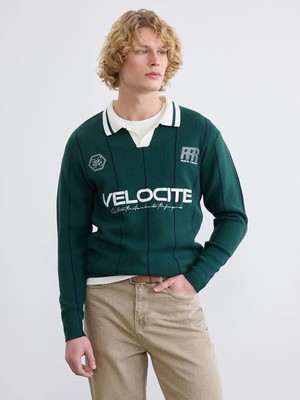 LC Waikiki Yeşil Polo Yaka Çizgili Nakışlı Erkek Triko Kazak