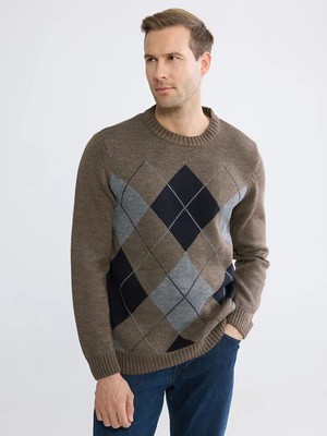 LC Waikiki Kahverengi Bisiklet Yaka Baklava Desenli Erkek Triko Kazak