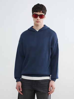 LC Waikiki Indigo Regular Fit Kapüşonlu Erkek Triko Kazak