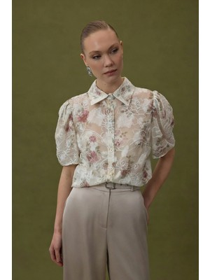 Sateen Nakışlı Kısa Kollu Gömlek - Pudra