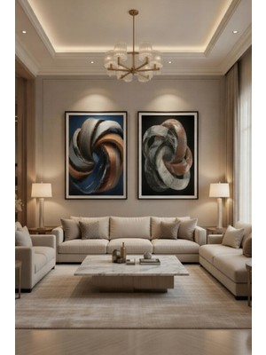 Safir Design Ofis ve Salon Için Lüks Dokulu Soyut Formlar Ikili Çerçeveli Tablo Seti