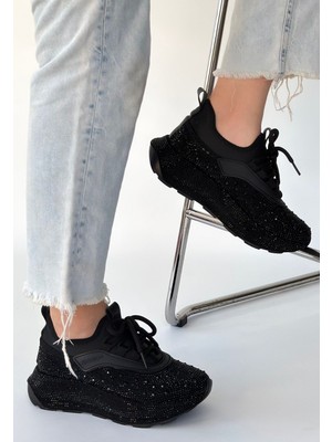 Zerenyus ZRNE-007 Premium Siyah Boncuk Işlemeli Kadın Sneaker