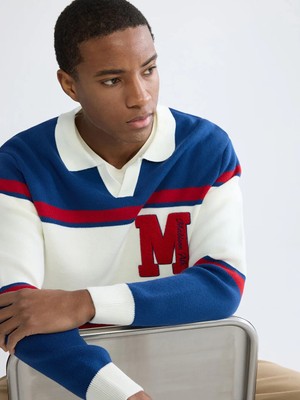 LC Waikiki Ekru Polo Yaka Nakışlı Erkek Triko Kazak