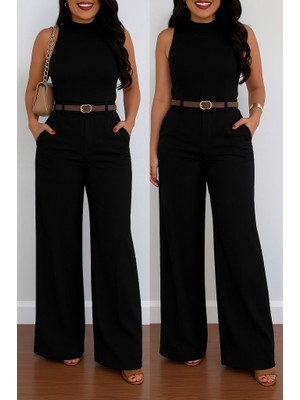 Kadın Yüksek Bel Geniş Paça Detaylı Cepli Ithal Krep Pantolon