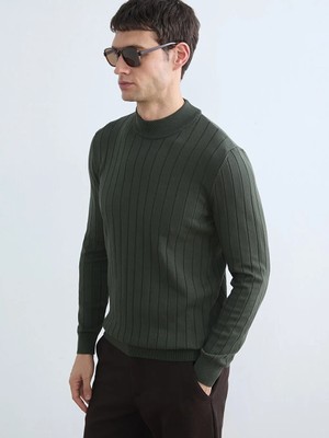 LC Waikiki Haki Yarım Balıkçı Yaka Çizgili Erkek Triko Kazak