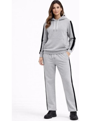 Etiler Collection Kadın Yandan Şeritli Eşofman Takım Kapüşonlu Sweatshirt Boru Paça Alt, Oversize 3 Iplik Pamuklu - Gri
