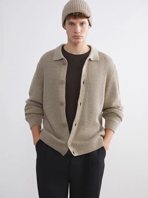 LC Waikiki Bej Standart Kalıp Polo Yaka Erkek Triko Hırka