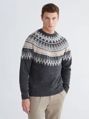 LC Waikiki Gri Bisiklet Yaka Desenli Yün Karışımlı Erkek Triko Kazak