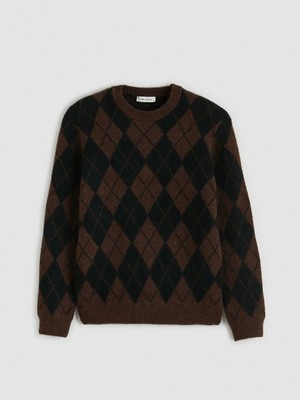 LC Waikiki Kahverengi Bisiklet Yaka Baklava Desenli Erkek Triko Kazak